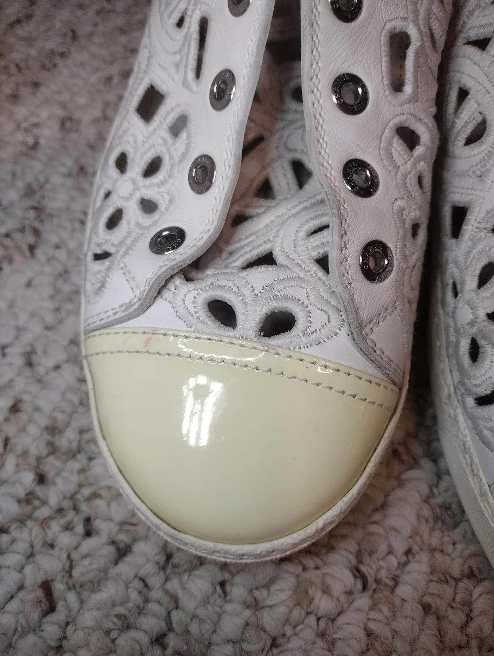 Chanel White & Cream Floral Laser Cutout Lace-up Sneakers - Picture 4 of 9